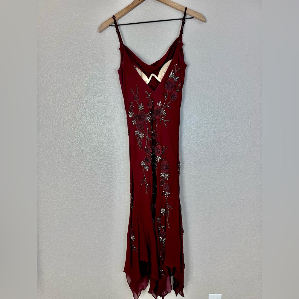 Vintage Y2K Sue Wong Nocturne Burgundy Beaded Embroidered Asymmetrical Dress 4 - Picture 11 of 17